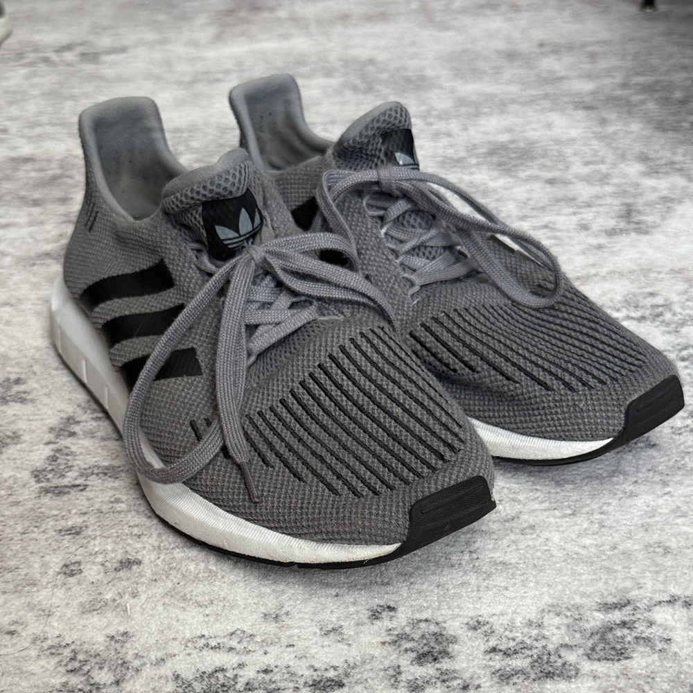 Adidas Grey Knit Lace-Up Sneakers with Black Stripes